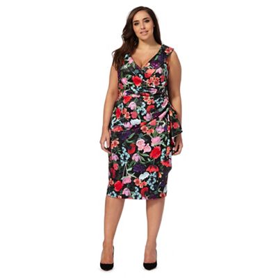 Multi-coloured floral print off-shoulder plus size dress
